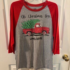 Simply Southern (Faithful) Oh Christmas Tree Raglan Gray/Red Shirt ~ Medium